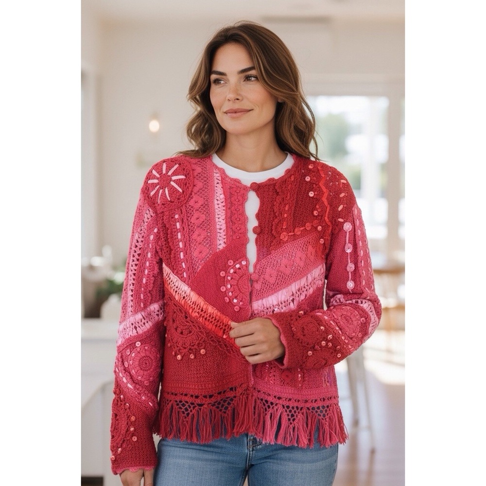 VTG Sandy Starkman Jacket Womens S Pink Appliqué Velvet‎ Crochet Patchwork Boho